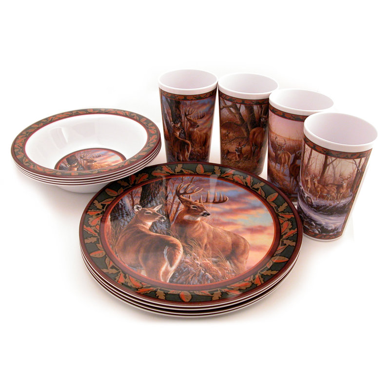 MotorHead Products Deer Melamine 12 Piece Dinnerware Set, Service for 4
